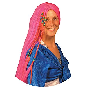 Perruque longue hippie rose