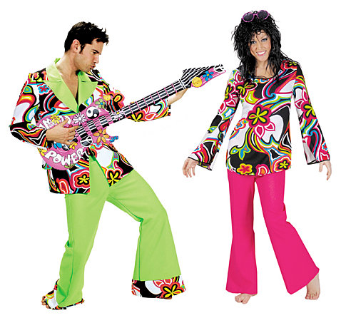 Déguisements homme et femme hippie avec guitare gonflable
