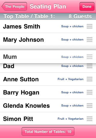 Plan de table et indication des préférences culinaires