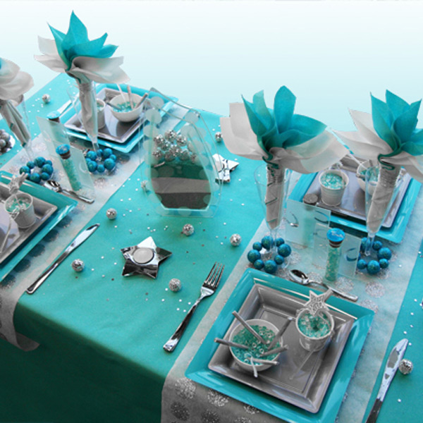Décoration de table Noël turquoise gris blanc